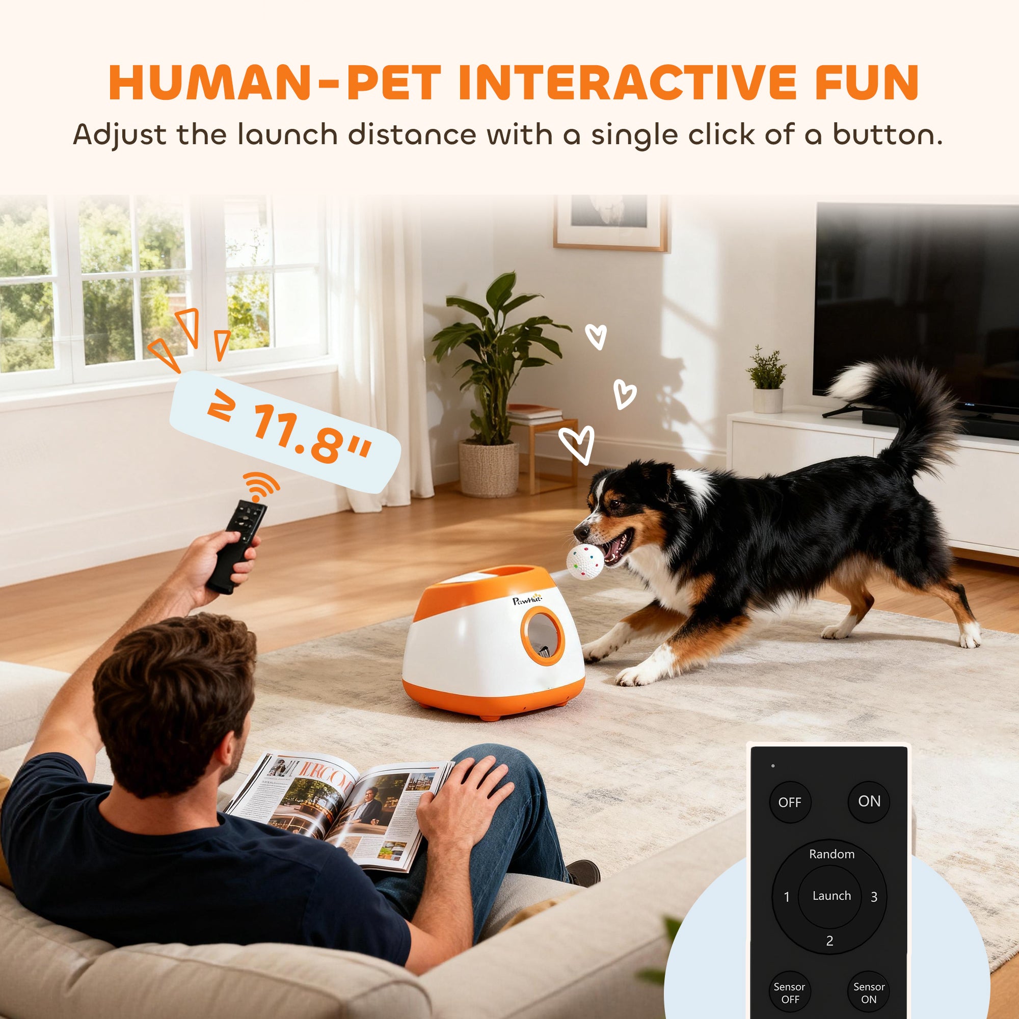 Lanzador automático de pelotas para perros con una distancia de 26 a 79 pies.