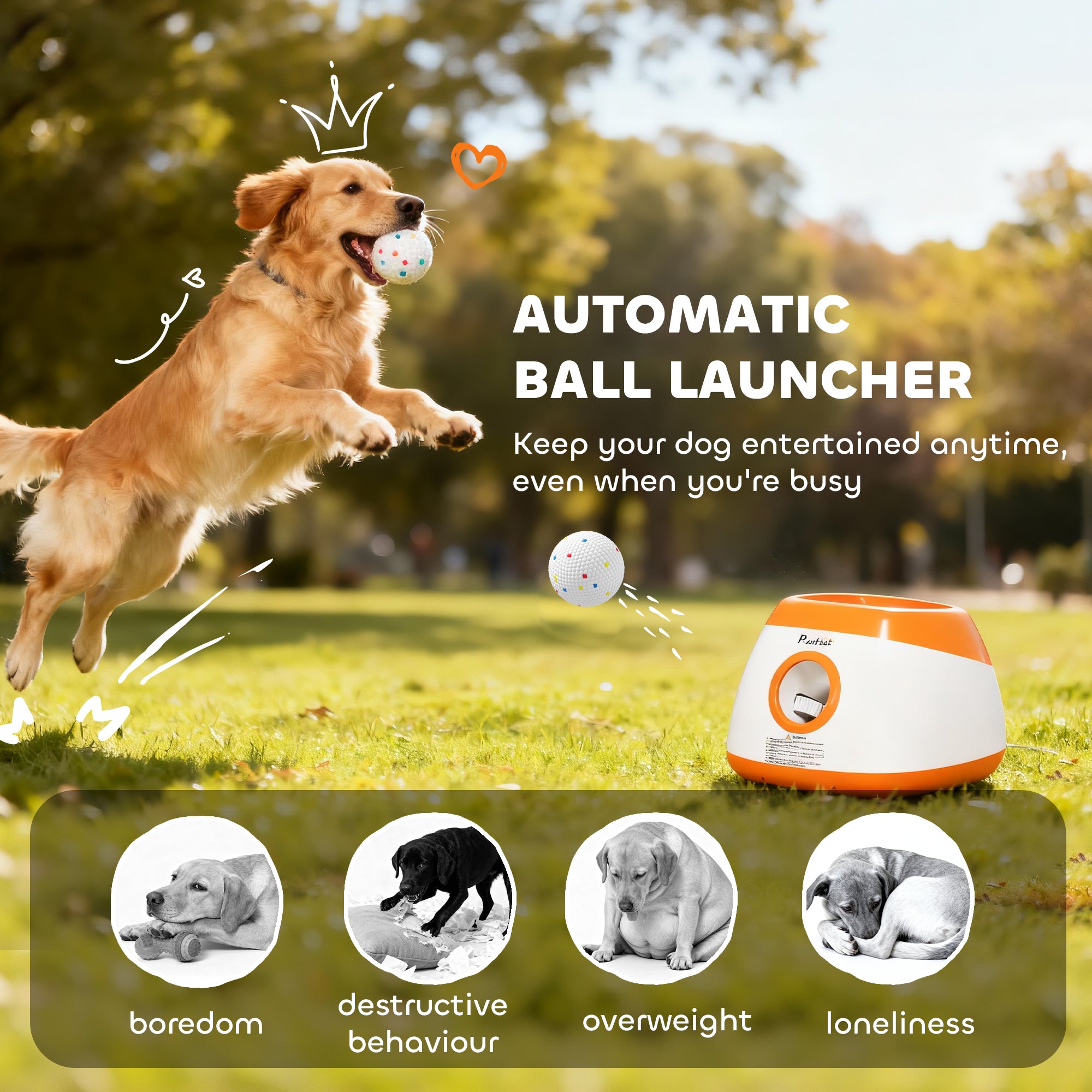 Lanzador automático de pelotas para perros con una distancia de 26 a 79 pies.
