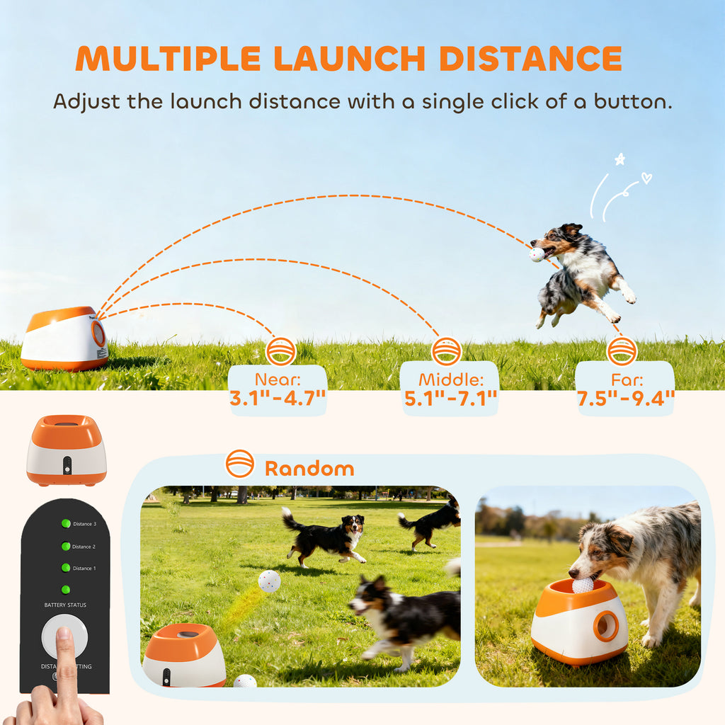 Lanzador automático de pelotas para perros con una distancia de 26 a 79 pies.