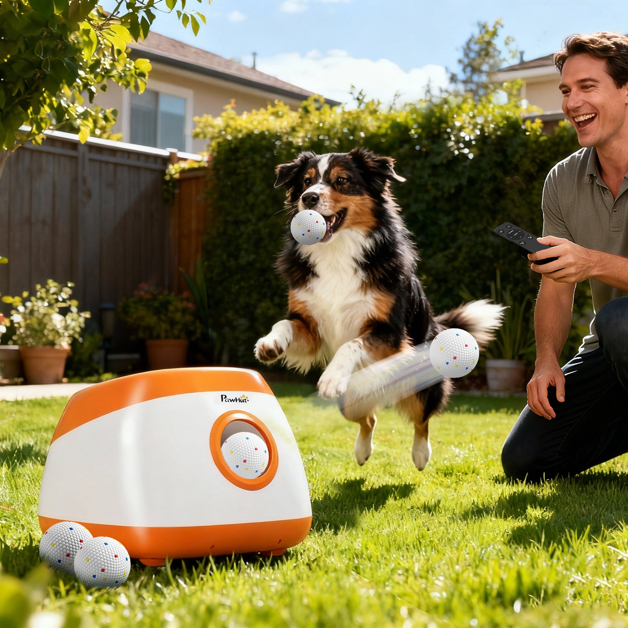 Lanzador automático de pelotas para perros con una distancia de 26 a 79 pies.