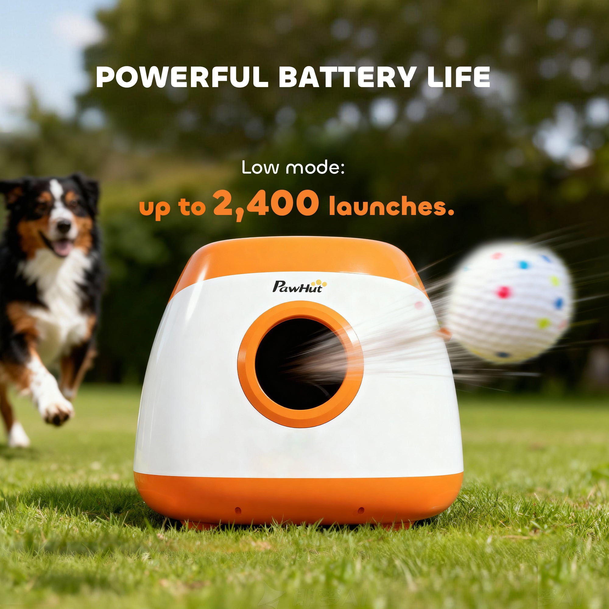 Lanzador automático de pelotas para perros con una distancia de 26 a 79 pies.